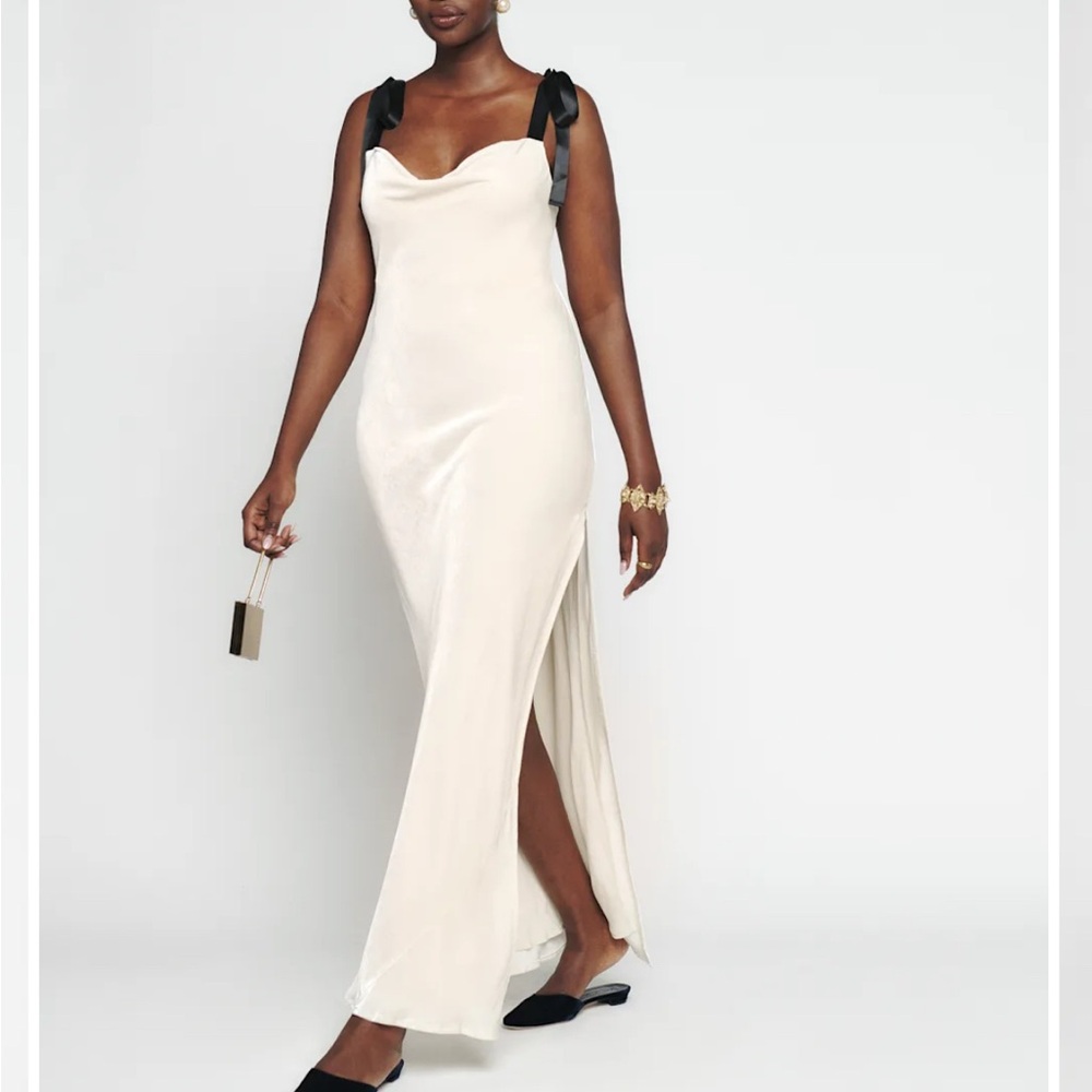 Reformation Cream Maxi Dress with Black Shoulder Ties